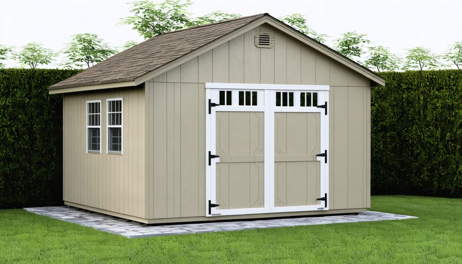 Finished shed on paver foundation demonstrating proper water drainage during rain