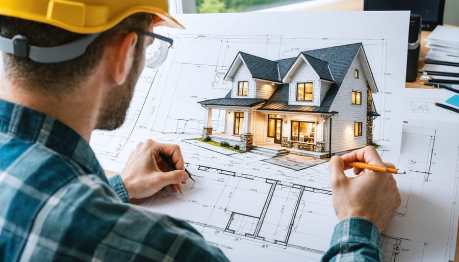 Professional lighting contractor discussing outdoor lighting blueprint with client