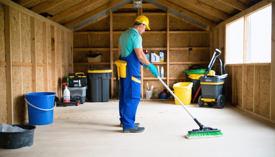 Individual deep cleaning a shed interior using brush, cleaning solution, and protective gear