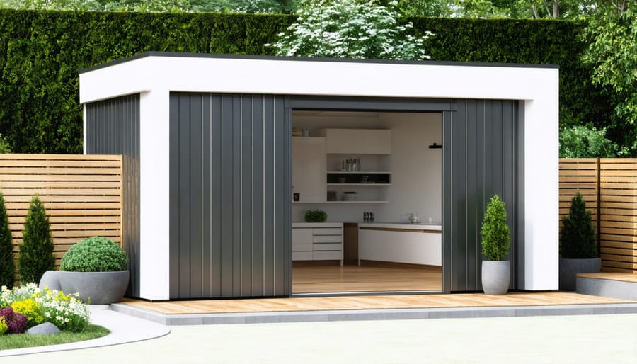 Stylish garden storage shed with modern design features and surrounding landscaping