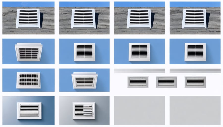 Four-panel image showing the stages of installing a gable vent in a barn