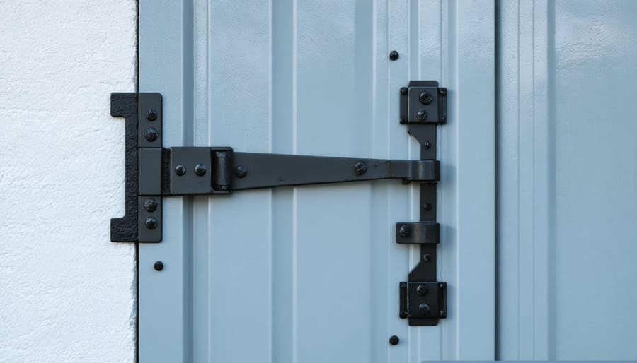 Person performing maintenance on metal shed door hinges and tracks