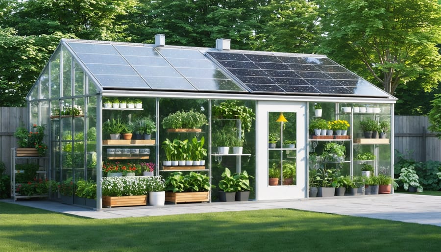 3D rendering of a hybrid greenhouse shed in a backyard setting, illustrating solar panels, dual-pane polycarbonate panels, vertical gardening systems, and organized storage solutions, positioned for optimal solar orientation.