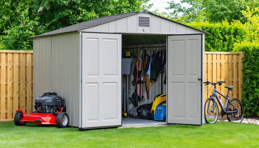 Large Duramax Woodbridge Plus storage shed with open double doors, displaying organized storage of lawn mower, bicycles, and garden tools amidst a well-maintained backyard setting.
