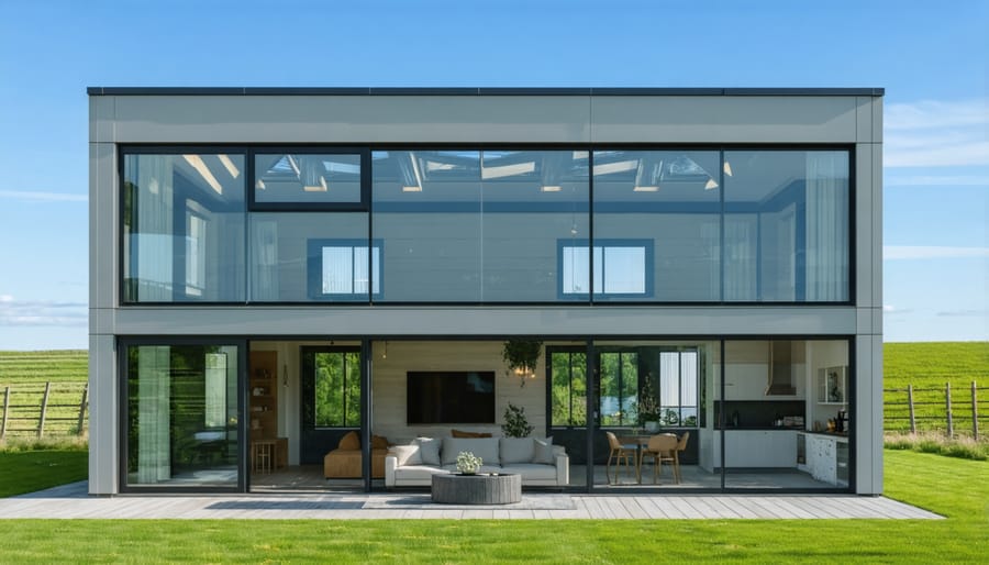 Eco-friendly two-story shed design with natural lighting features and sustainable materials