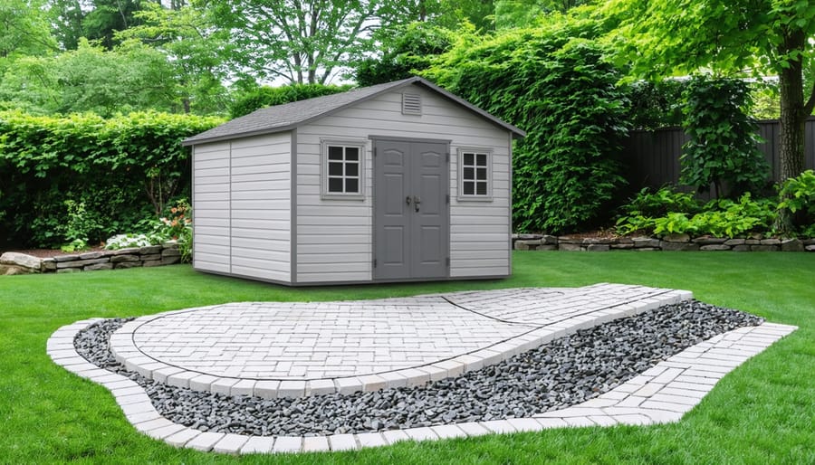 A beautifully constructed backyard shed resting on a detailed paver foundation amidst a lush garden background. The image illustrates the interlocking paver system, highlighting its eco-friendly and durable construction along with a cross-sectional view of the layered foundation.