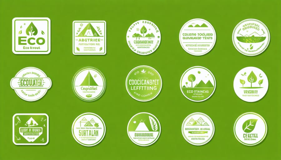 Various environmental certification badges and labels for eco-friendly tents