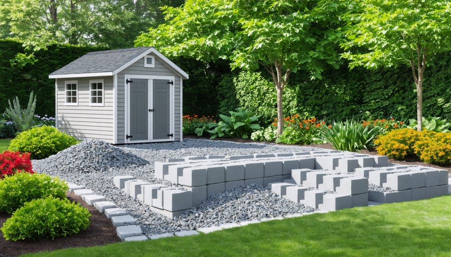 Illustration of a 7x7 shed with an eco-friendly foundation, showcasing recycled concrete blocks and gravel, surrounded by a garden with native plants.