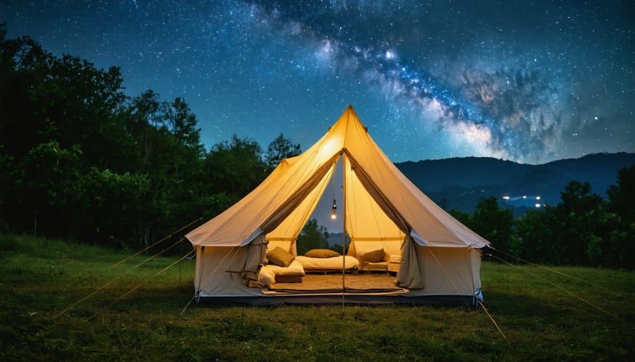 An eco-friendly camping site under a starry sky, featuring tents made from recycled materials and bamboo poles amidst a natural landscape, representing sustainable outdoor living.