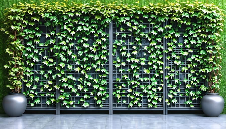 6-foot privacy screen decorated with flowering vines and hanging planters