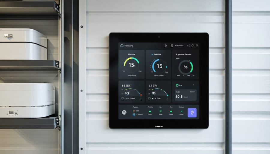 Digital control panel showing environmental monitoring metrics for storage space