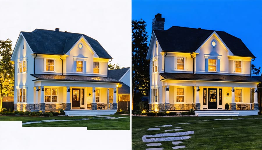 Split image showing same house facade at night - dark before professional lighting and beautifully illuminated after