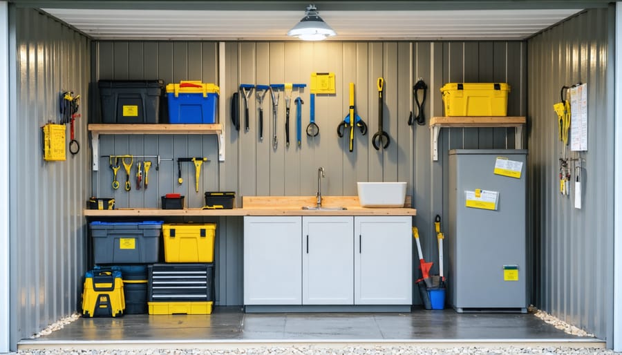 Professional finished shed interior featuring organized storage systems and completed wall panels