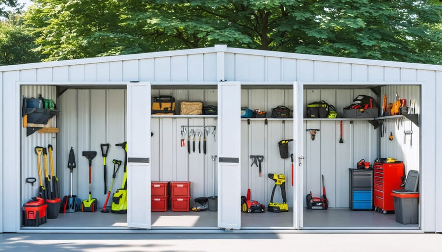 Conceptual illustration of a modern shed with adjustable non-load bearing walls, demonstrating versatile room configurations and storage solutions.
