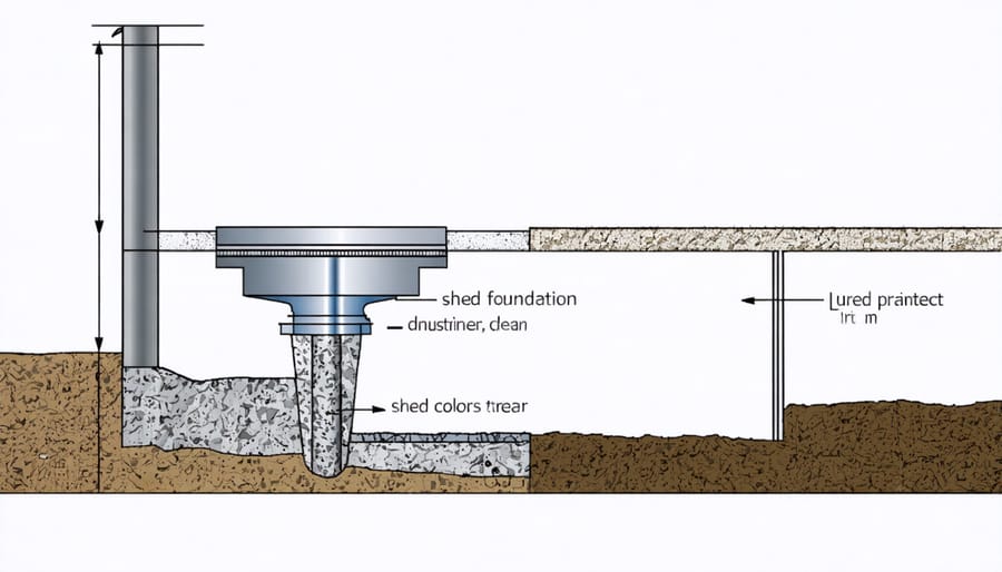 Technical illustration showing drainage layers, gravel placement, and water flow around shed foundation