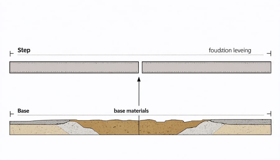 Illustrated diagram of storage shed foundation layers and preparation steps