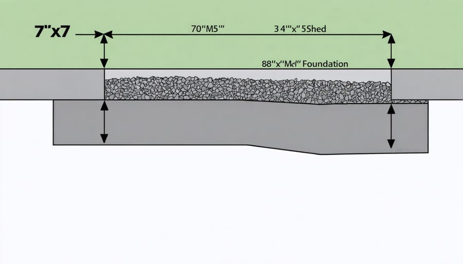 Cross-section illustration of gravel foundation layers including crushed stone, pea gravel, and landscape fabric