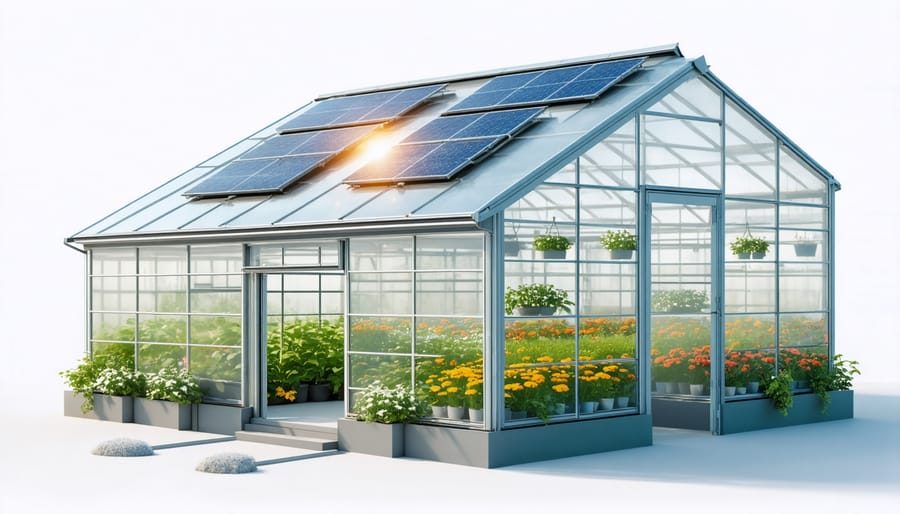Architectural diagram showing greenhouse shed orientation for maximum sunlight exposure