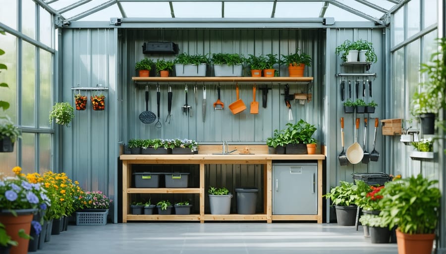 Organized greenhouse interior with vertical storage systems and workspace