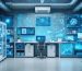 Interior of a modern storage shed transformed into a high-tech command center with smart shelving systems, climate control displays, and a person using a smartphone app for access.