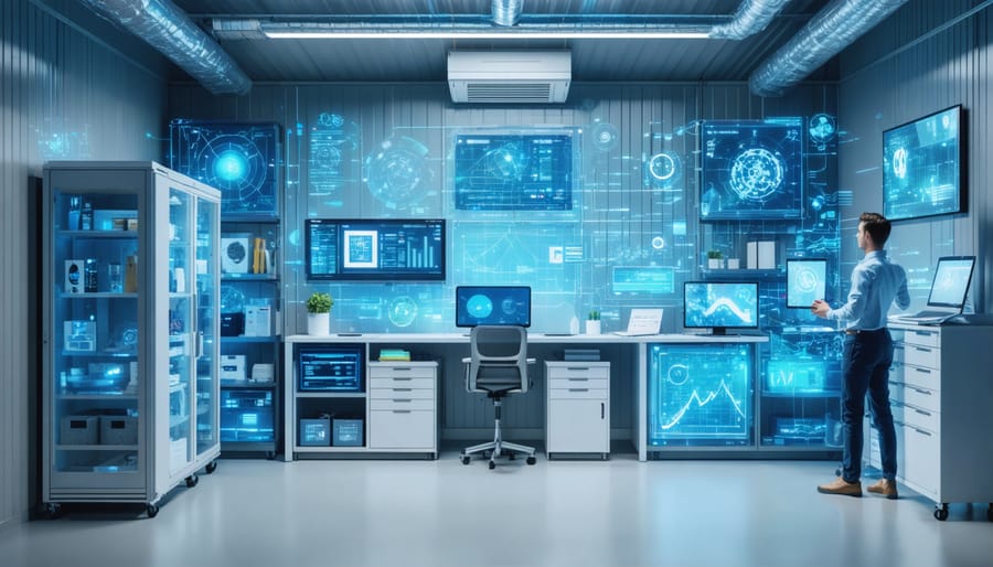Interior of a modern storage shed transformed into a high-tech command center with smart shelving systems, climate control displays, and a person using a smartphone app for access.