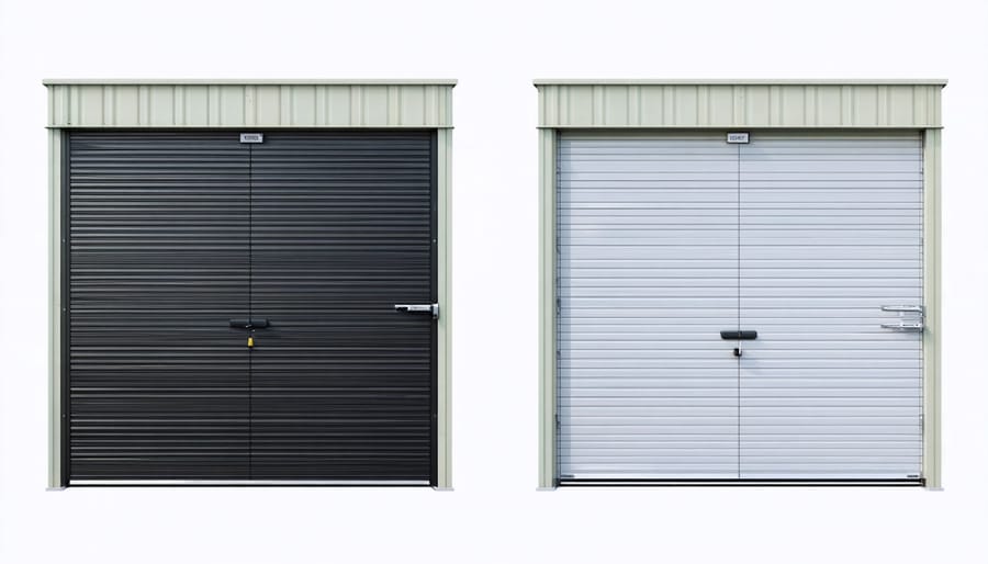 Comparison of metal storage shed doors showing both single and double hinged door configurations