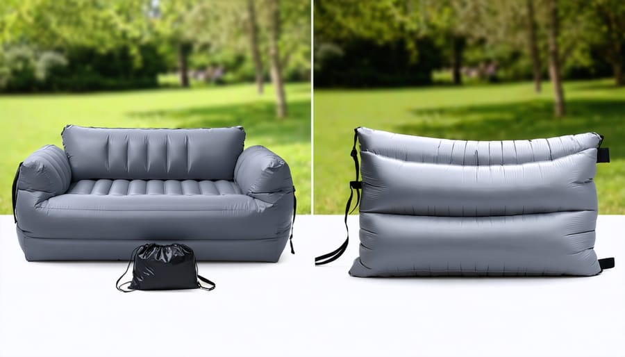 Before and after comparison of an inflated outdoor sofa versus its compact stored form