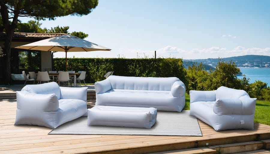 A modern outdoor patio scene displaying inflatable furniture transitioning from a fully inflated sofa and chairs to a compact, stored form, highlighting space-saving capabilities.