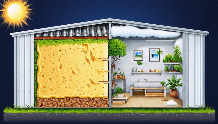 Cross-section of a tin shed illustrating effective insulation layers, demonstrating protection from extreme weather conditions with a comfortable interior environment.