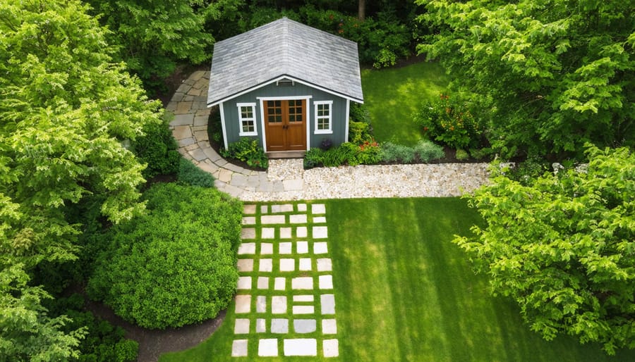 Bird's eye view of a garden shed seamlessly integrated into a one-acre property with flowing pathways and strategic plantings