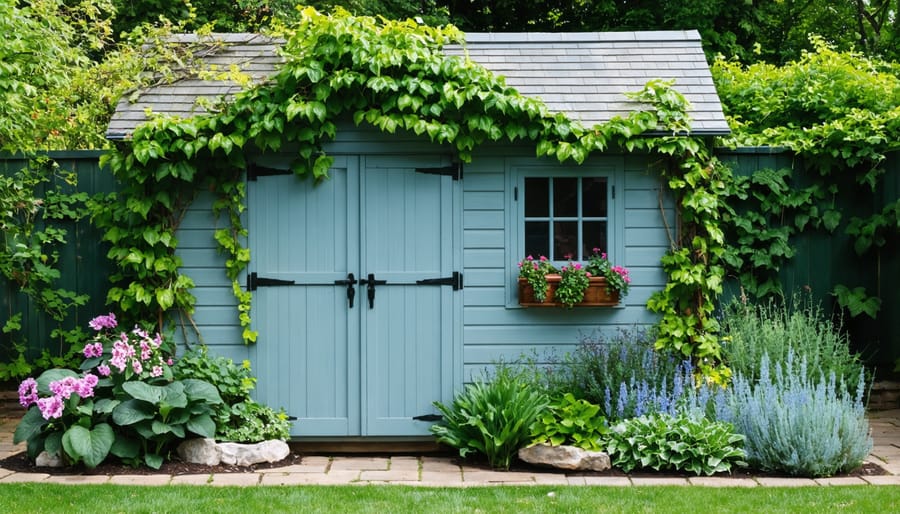 Garden shed integrated into landscape with flowering plants and ornamental shrubs