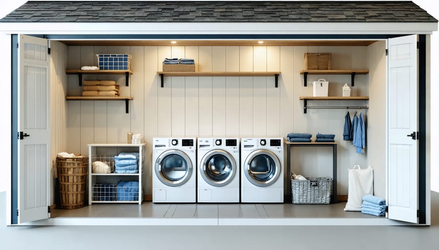 Inside view of a well-organized outdoor laundry shed with storage solutions and lighting
