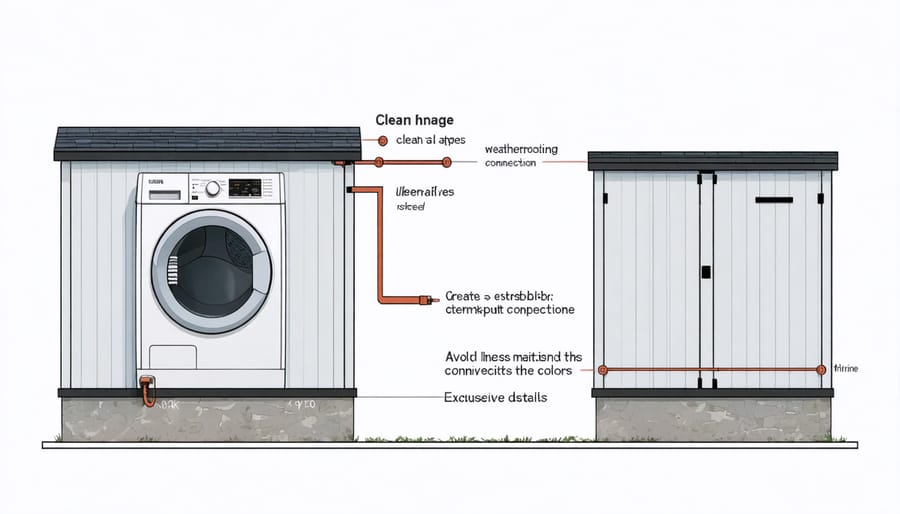 Technical illustration of plumbing, electrical, and weatherproofing features for outdoor laundry shed