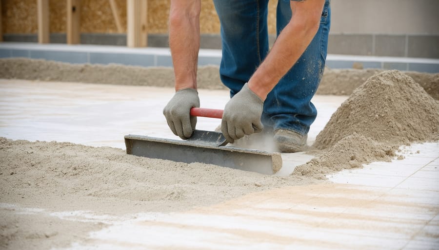 Person leveling sand base layer for shed paver foundation with professional tools