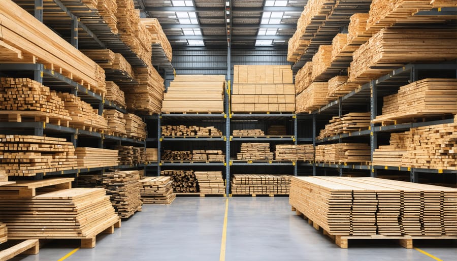 Well-organized lumber storage rack with sorted wood pieces and minimal waste