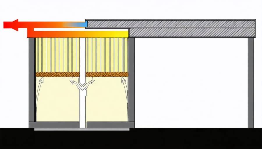 Comparative diagram of heat transfer in insulated and uninsulated metal shed walls