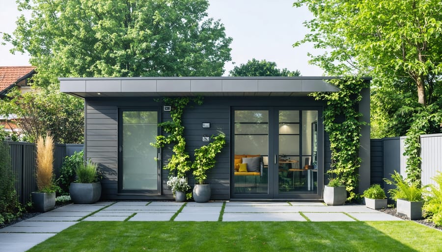 A contemporary backyard shed featuring large glass panels and angular rooflines, surrounded by lush landscaping with planters and climbing vines.