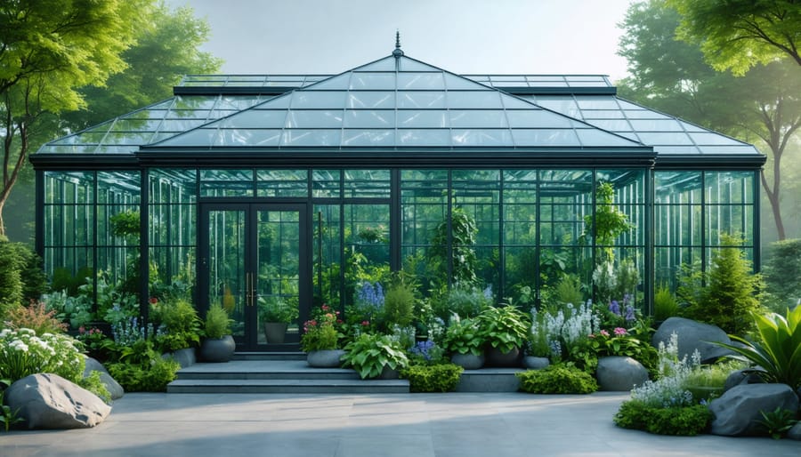 Modern greenhouse design with drought-resistant plants and decorative hardscaping