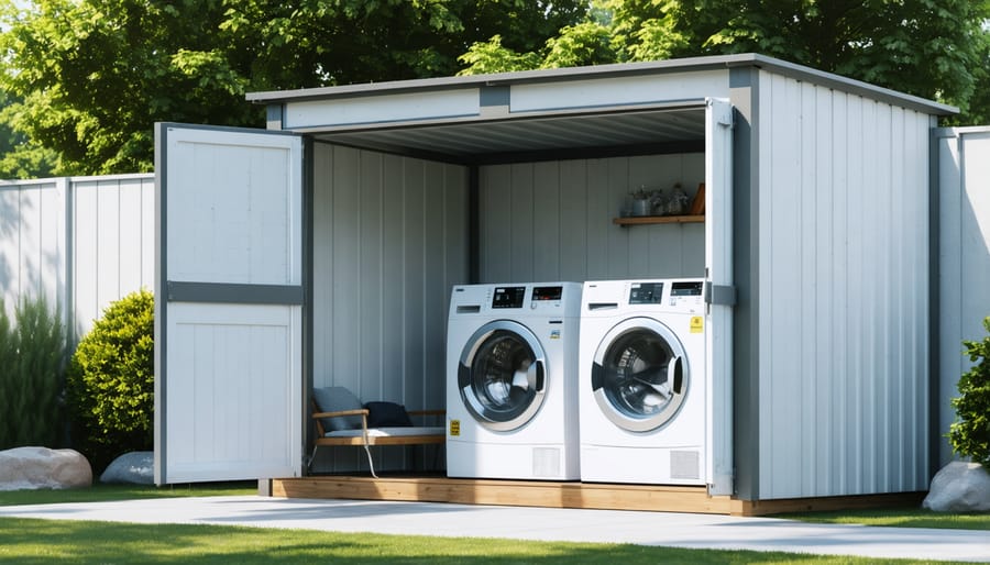 Well-designed outdoor laundry shed with front-loading appliances and protective features