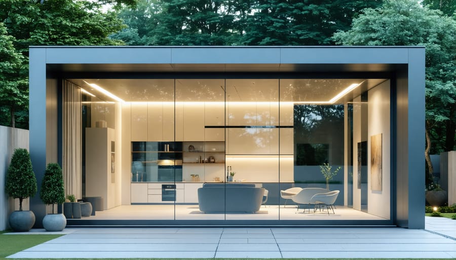 Contemporary shed design featuring floor-to-ceiling windows and dark metal cladding