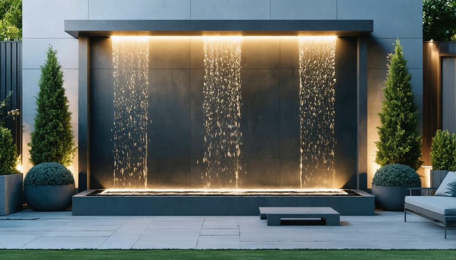 Illuminated wall fountain creating a stunning focal point on an urban terrace