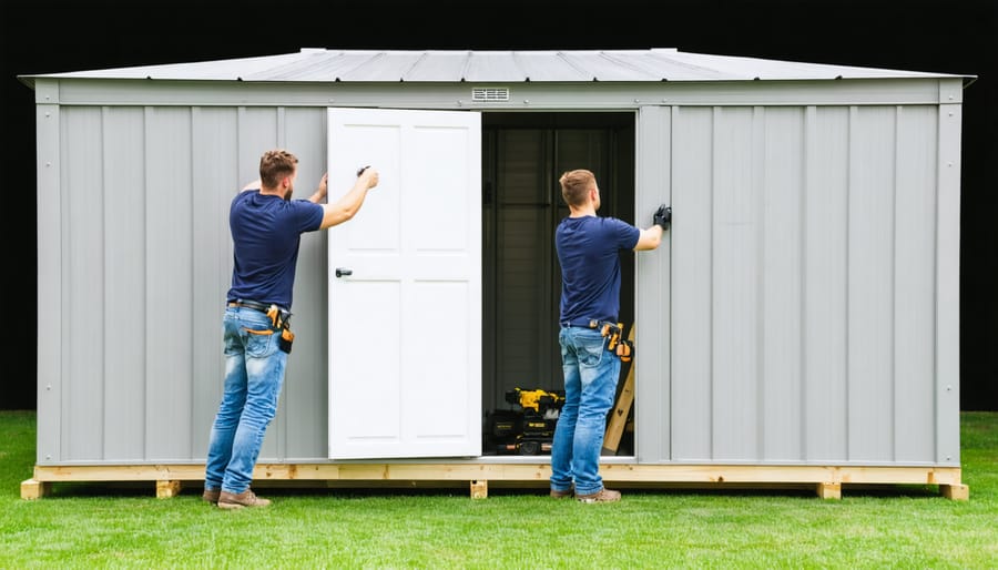 Installation sequence demonstrating the assembly process of a modular shed system
