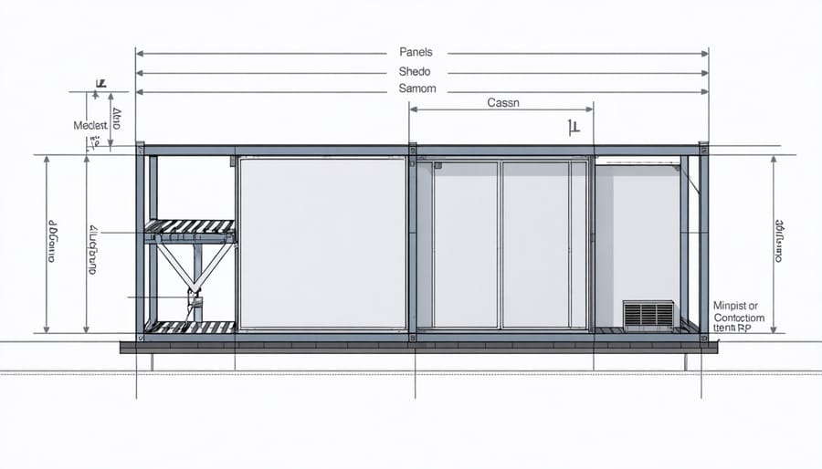 Technical diagram illustrating the individual components of a modular shed system and how they connect together