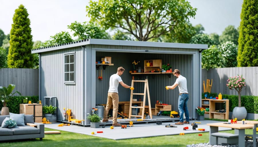 A creative depiction of a modular shed system being assembled like Lego blocks in a garden setting, showcasing panels, connectors, and frames being put together.