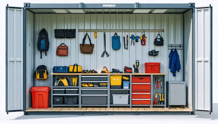 Well-organized modular shed interior featuring shelving, pegboards, and storage accessories