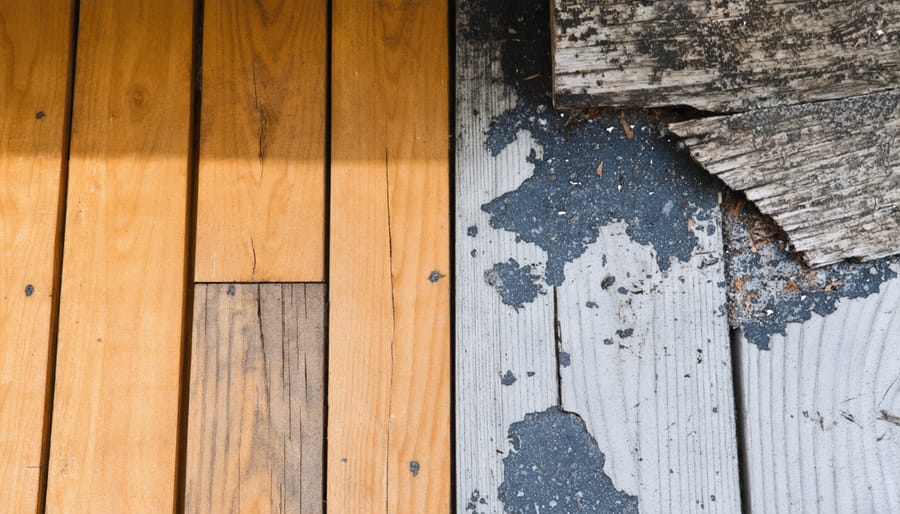 Side-by-side comparison of moisture-damaged shed floor versus protected floor with vapor barrier