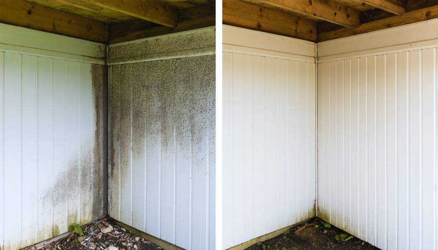 Comparison of moldy shed corner before and after treatment with mold removal products