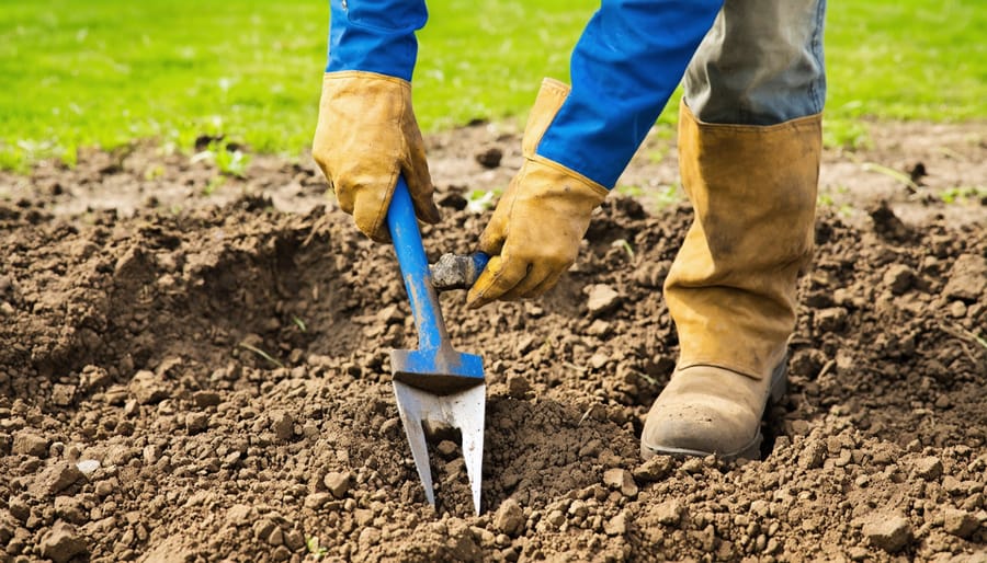 DIY enthusiast using level and hand tamper to prepare shed foundation site naturally