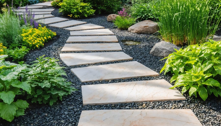 Garden pathway showcasing natural materials and indigenous plant species