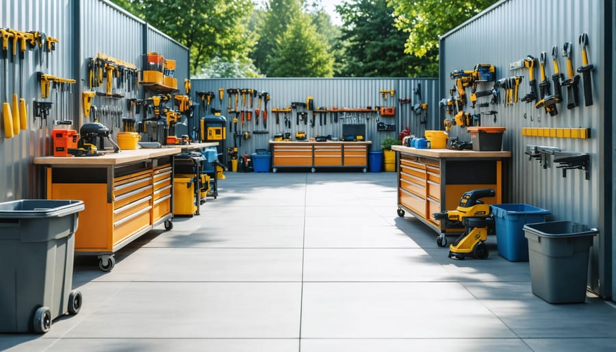 Well-organized outdoor workspace with clearly marked paths and proper equipment storage